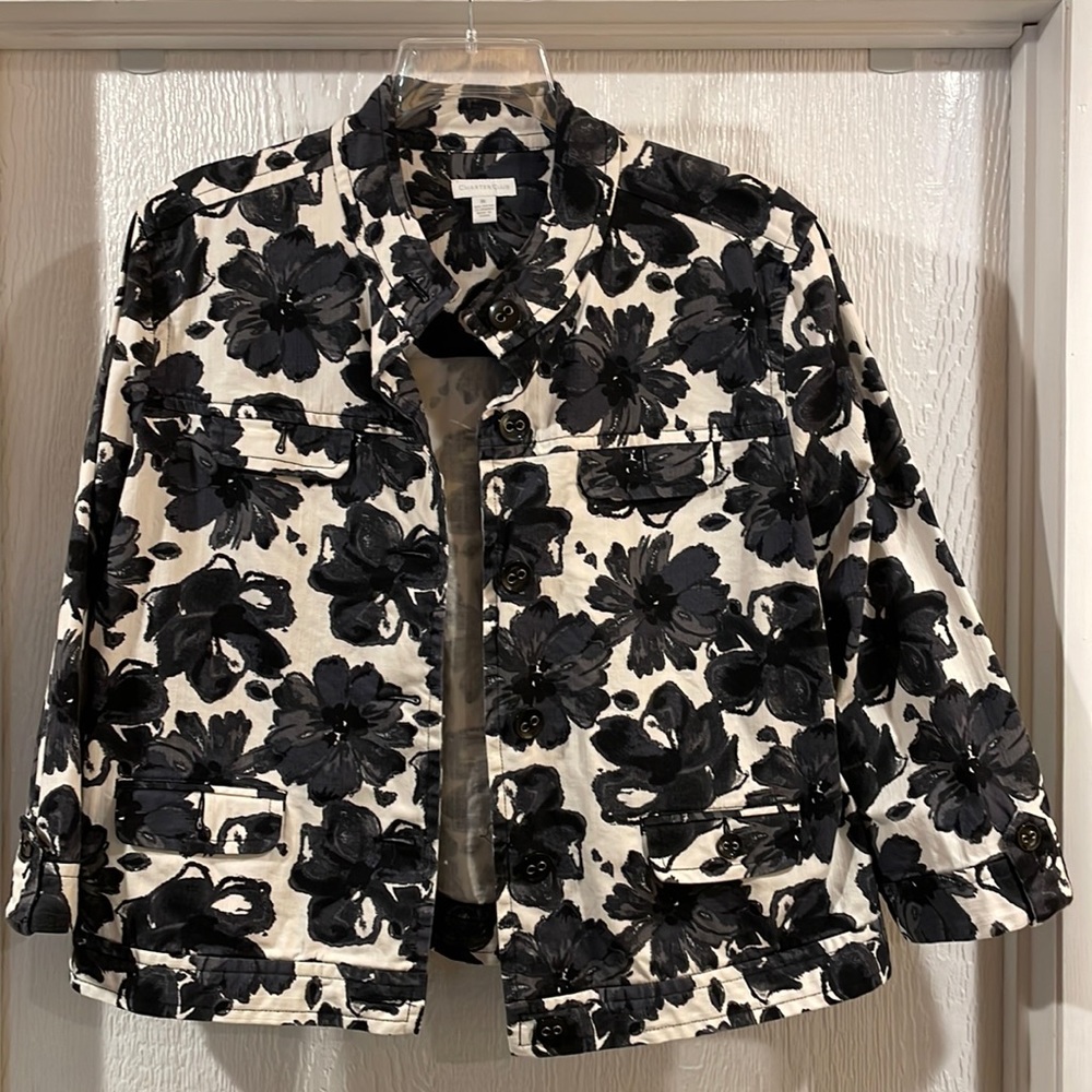 Charter Club Floral Black Grey White Button Jacket XL
